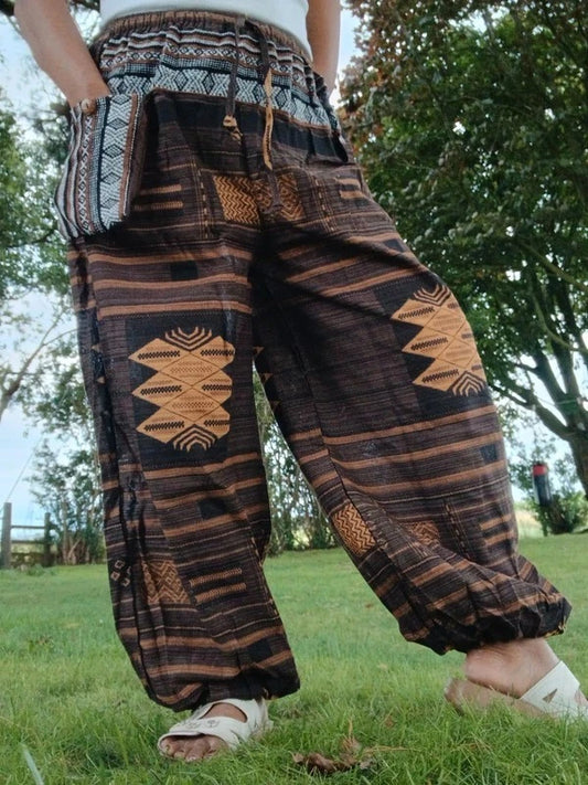 Cotton Woven Mens Womens Harem Pants Wide Leg Hippie Joggers Thai Tribe Trousers