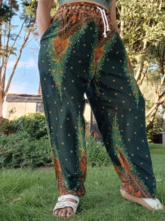 Dark Green Boho Feathers Print Harem Hippie Baggy Pants Yoga Festival Trousers