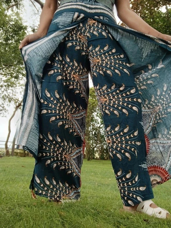 Dark Green Bohemian Feathers Printed Hippie Harem Pants Trousers