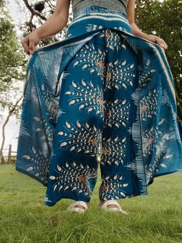 Dark Green Turquoise Bohemian Feathers Hippy Harem Pants Summer Holiday Trousers