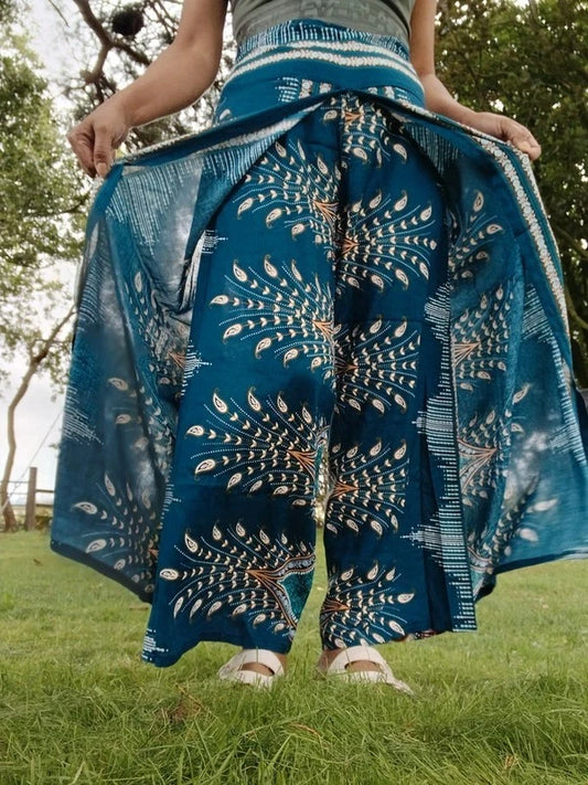 Dark Green Turquoise Bohemian Feathers Hippy Harem Pants Summer Holiday Trousers