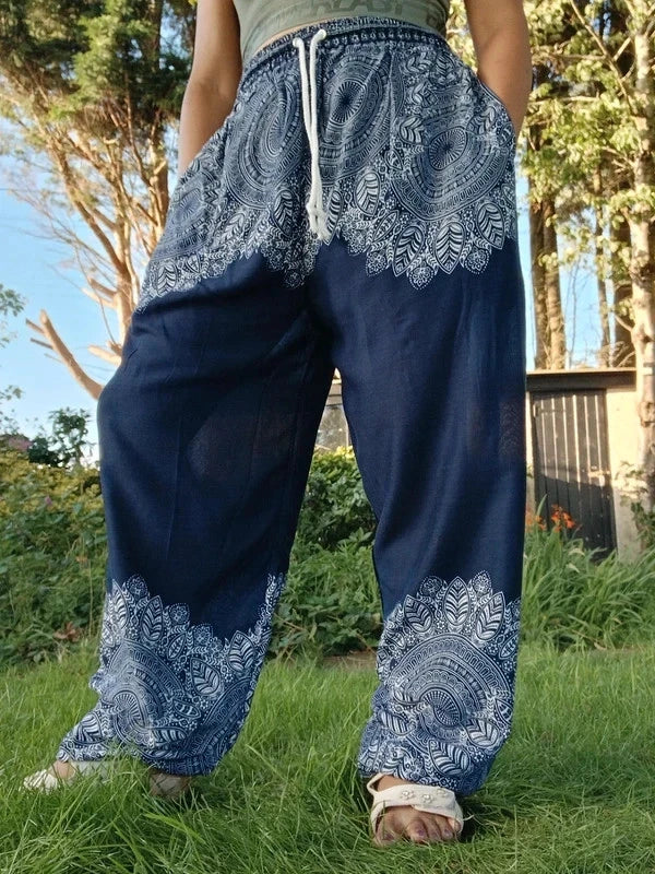 Navy Blue Bohemian Flower Printed Hippie Floral Harem Baggy Pants Yoga Trousers