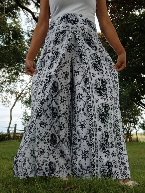 Black White Thai Elephant Hippie Harem Boho Pants Wrap Around Festival Trousers