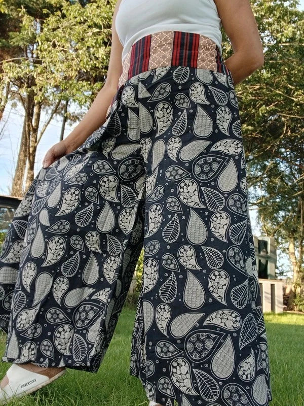 Black Paisley Leaf Flowers Wide Leg Boho Harem Pants Hippie Yoga Thai Japanese Trousers