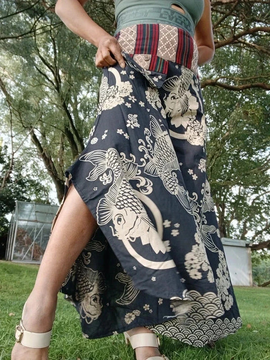 Black Koi Fish Print Palazzo Harem Pants Wide Leg Split Skirt Hippie Trousers