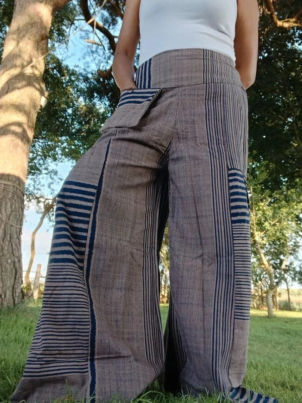 Beige Navy Patch Striped Palazzo Hippie Wide Leg Trousers Boho Harem Baggy Pants