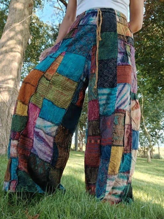 Tie Dye Patchwork Bohemian Hippie Harem Pants Wide Leg Trousers Womens or Mens