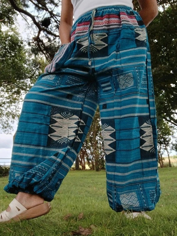 Blue Turquoise Cotton Thailand Harem Poofy Pants Hippy Boho Mens Womens Trousers