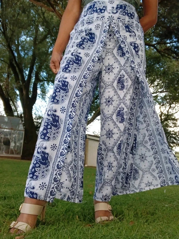Navy Blue White Thai Elephant Womens Wrap Trousers Hippie Harem Festival Boho Pants