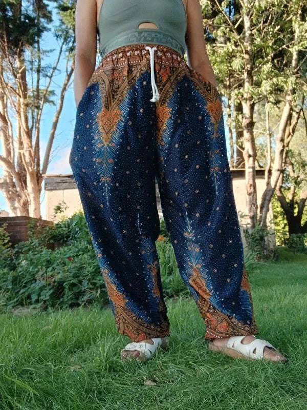Navy Blue Brown Gold Harem Hippie Pants Wide Leg Peacock Feather Print Trousers