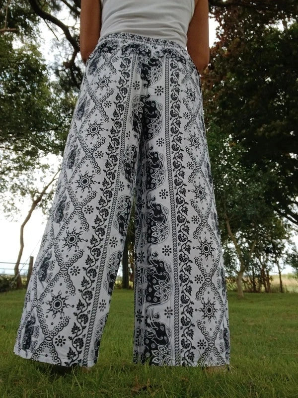 Black White Thai Elephant Hippie Harem Boho Pants Wrap Around Festival Trousers