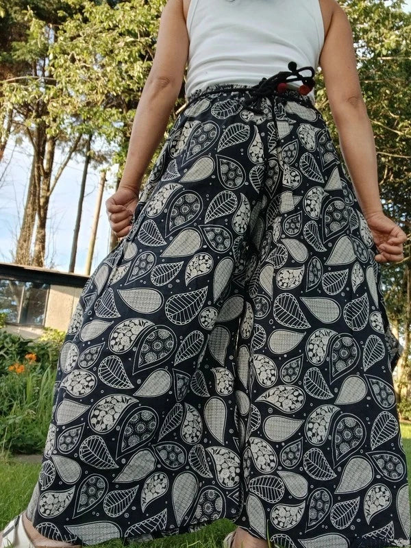 Black Paisley Leaf Flowers Wide Leg Boho Harem Pants Hippie Yoga Thai Japanese Trousers