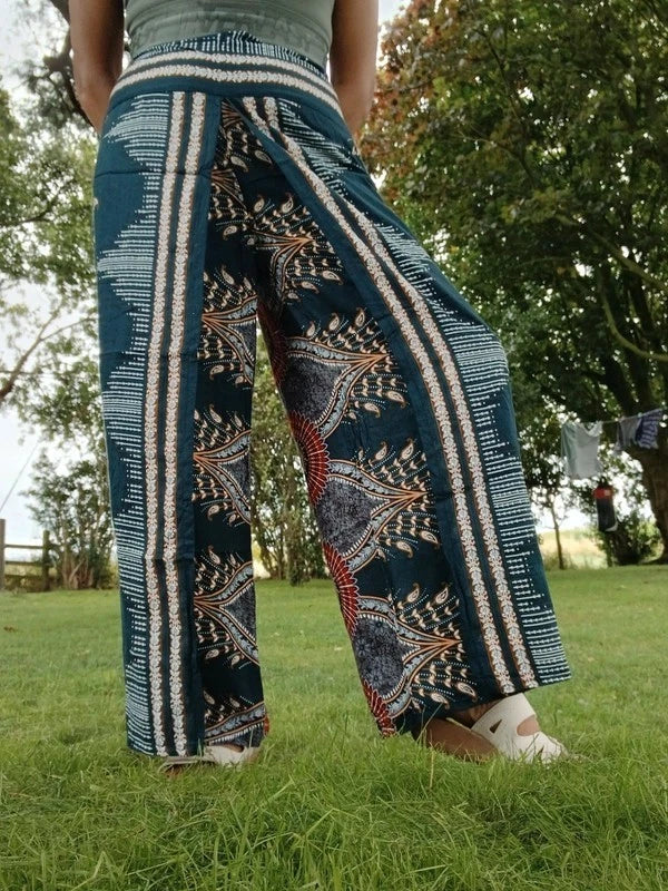 Dark Green Bohemian Feathers Printed Hippie Harem Pants Trousers