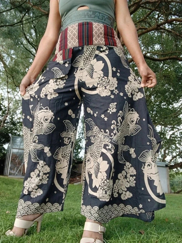 Black Koi Fish Print Palazzo Harem Pants Wide Leg Split Skirt Hippie Trousers
