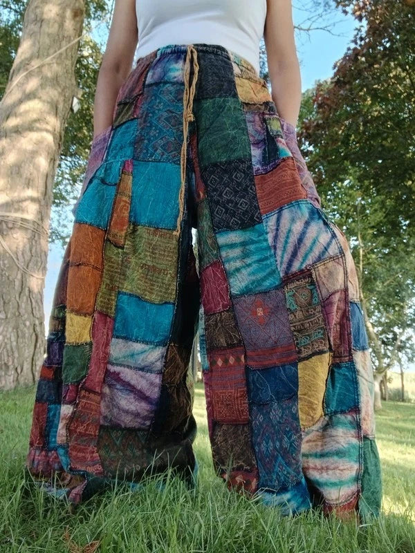 Tie Dye Patchwork Bohemian Hippie Harem Pants Wide Leg Trousers Womens or Mens