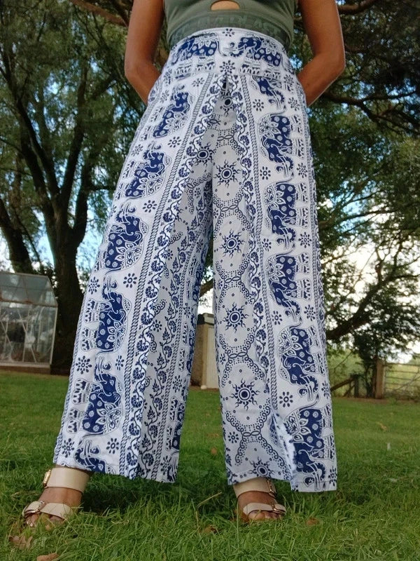 Navy Blue White Thai Elephant Womens Wrap Trousers Hippie Harem Festival Boho Pants