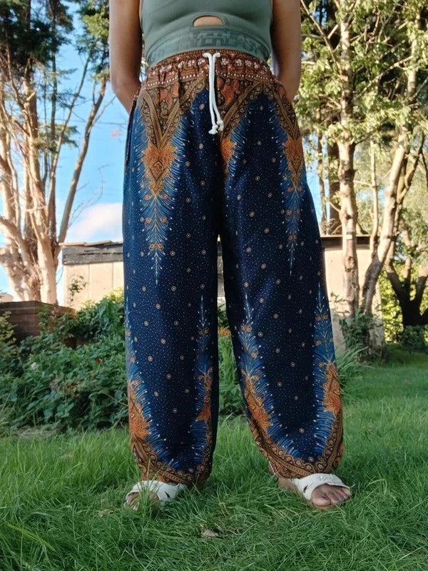 Navy Blue Brown Gold Harem Hippie Pants Wide Leg Peacock Feather Print Trousers