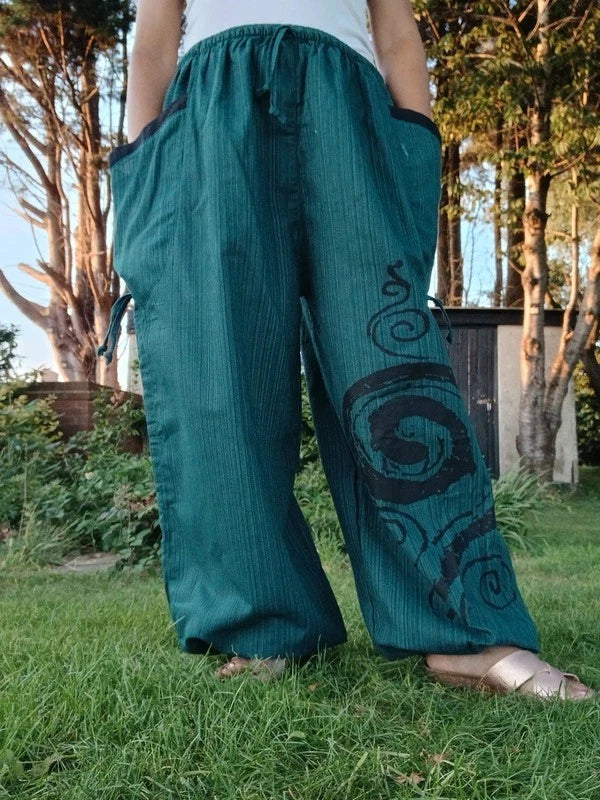 Dark Green Harem Pants Hippy Wide Leg Poofy Summer Travel Trousers Size S M L XL