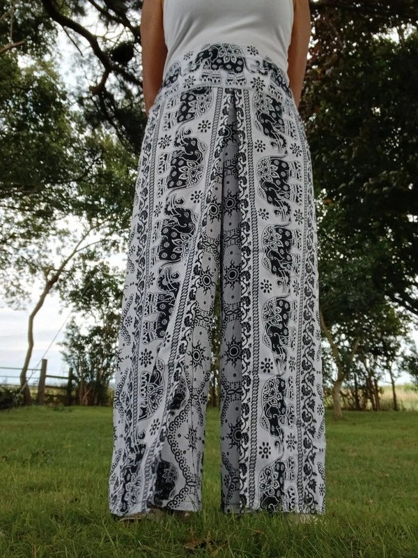 Black White Thai Elephant Hippie Harem Boho Pants Wrap Around Festival Trousers