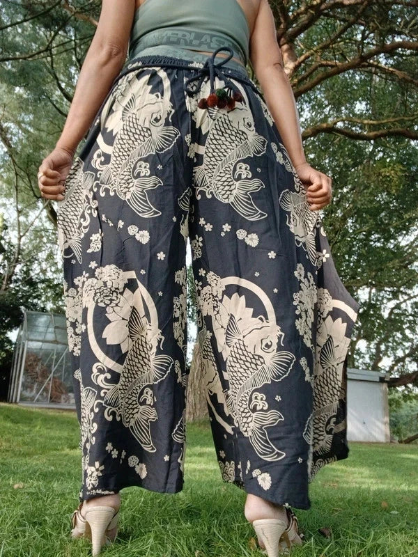 Black Koi Fish Print Palazzo Harem Pants Wide Leg Split Skirt Hippie Trousers