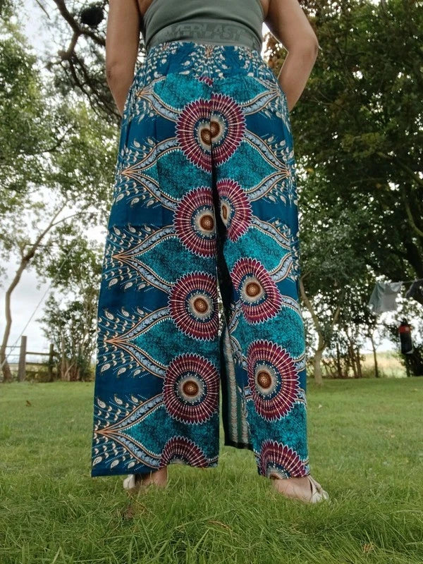 Dark Green Turquoise Bohemian Feathers Hippy Harem Pants Summer Holiday Trousers