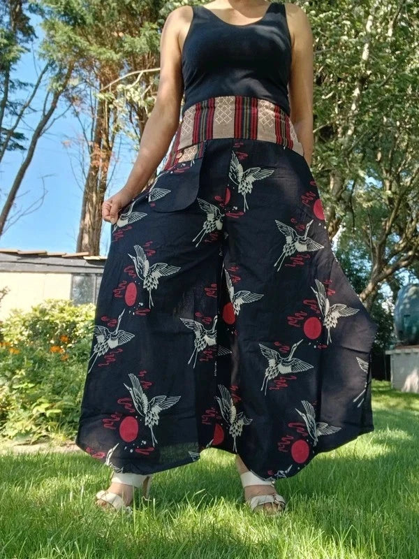 Red Sun Japan Bird Naka Palazzo Wide Leg Harem Pants Hippie Yoga Boho Trousers
