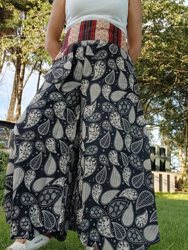 Black Paisley Leaf Flowers Wide Leg Boho Harem Pants Hippie Yoga Thai Japanese Trousers
