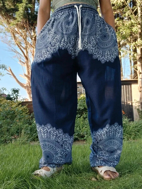 Navy Blue Bohemian Flower Printed Hippie Floral Harem Baggy Pants Yoga Trousers
