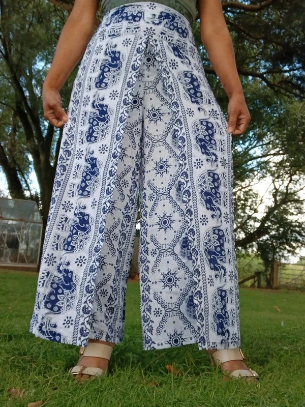 Navy Blue White Thai Elephant Womens Wrap Trousers Hippie Harem Festival Boho Pants