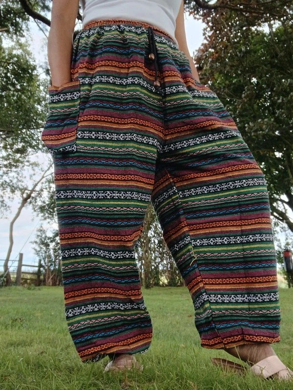 Cotton Woven Poofy Harem Hippie Pants Thai Tribe Bohemian Trousers Fits S M L XL