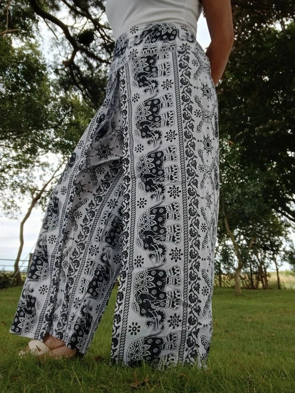 Black White Thai Elephant Hippie Harem Boho Pants Wrap Around Festival Trousers