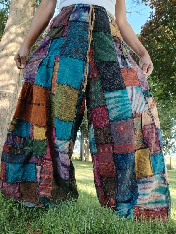 Tie Dye Patchwork Bohemian Hippie Harem Pants Wide Leg Trousers Womens or Mens