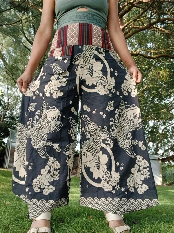Black Koi Fish Print Palazzo Harem Pants Wide Leg Split Skirt Hippie Trousers