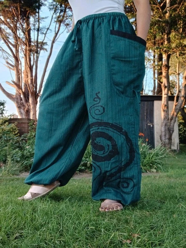 Dark Green Harem Pants Hippy Wide Leg Poofy Summer Travel Trousers Size S M L XL