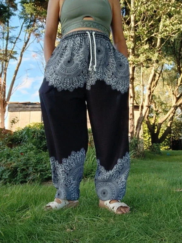 Black Bohemian Flower Printed Hippie Floral Harem Baggy Pants Yoga Trousers