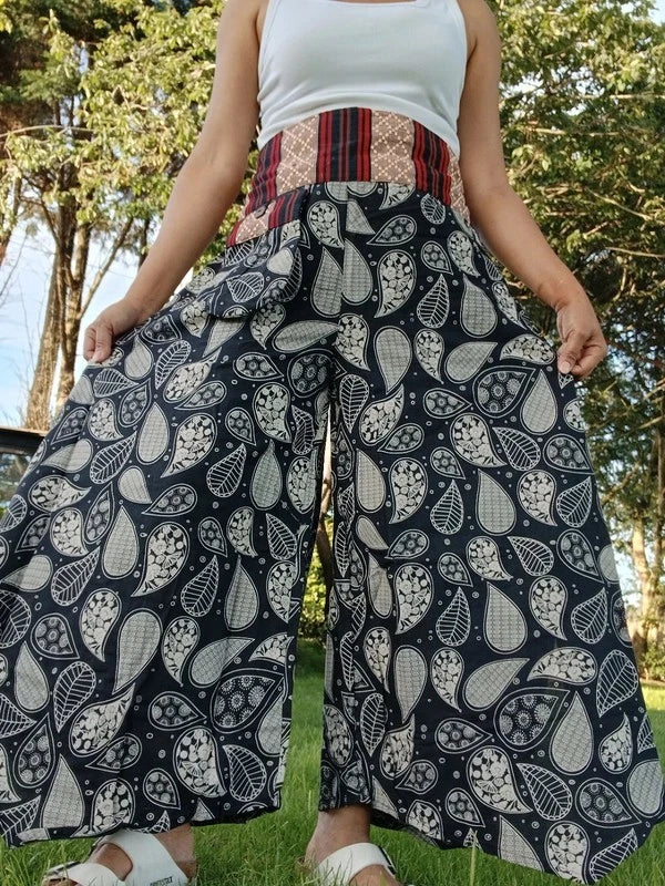 Black Paisley Leaf Flowers Wide Leg Boho Harem Pants Hippie Yoga Thai Japanese Trousers
