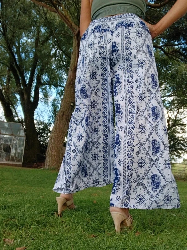 Navy Blue White Thai Elephant Womens Wrap Trousers Hippie Harem Festival Boho Pants