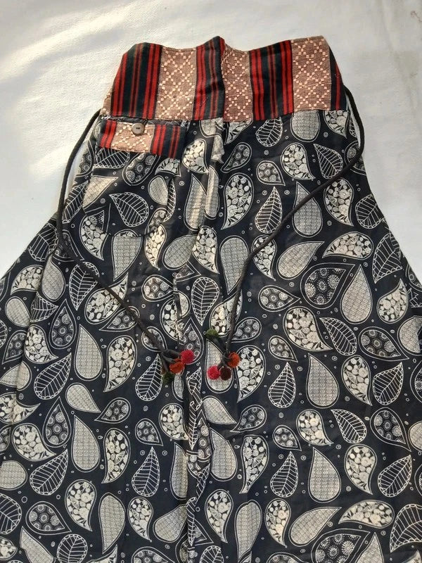 Black Paisley Leaf Flowers Wide Leg Boho Harem Pants Hippie Yoga Thai Japanese Trousers