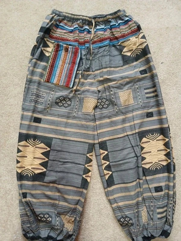 Grey Cream Hippie Harem Pants Baggy Gypsy Yoga Travel Trousers