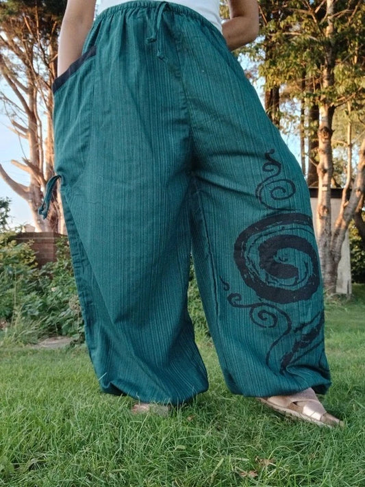 Dark Green Harem Pants Hippy Wide Leg Poofy Summer Travel Trousers Size S M L XL