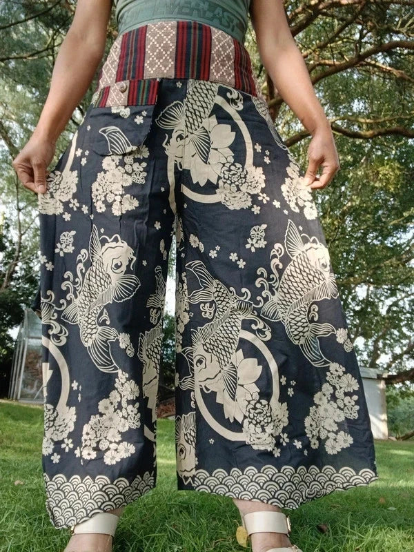Black Koi Fish Print Palazzo Harem Pants Wide Leg Split Skirt Hippie Trousers