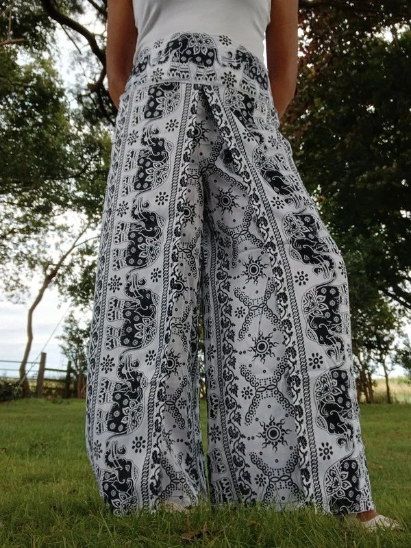 Black White Thai Elephant Hippie Harem Boho Pants Wrap Around Festival Trousers