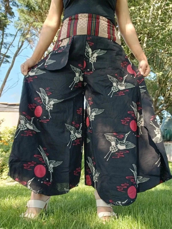 Red Sun Japan Bird Naka Palazzo Wide Leg Harem Pants Hippie Yoga Boho Trousers