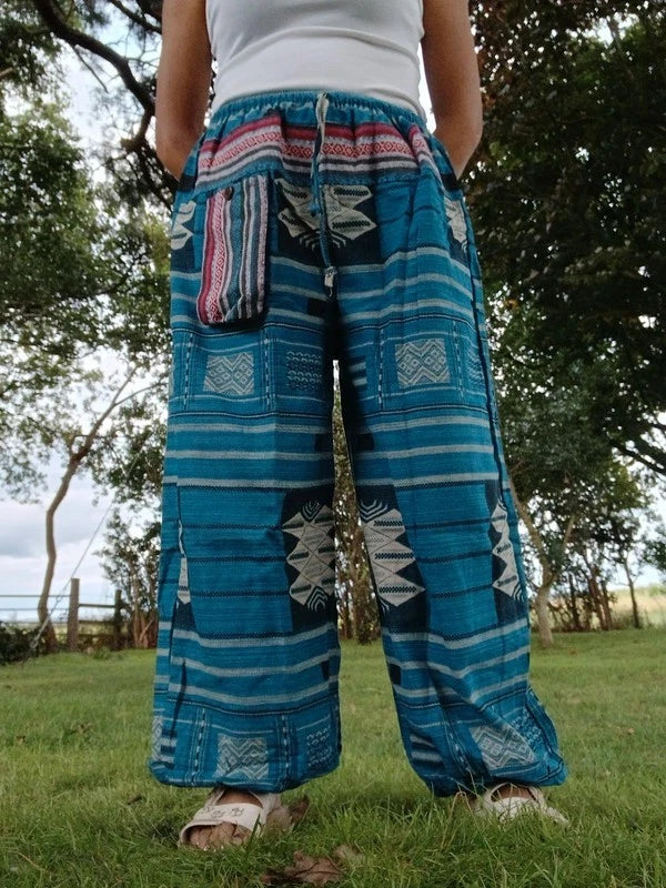 Blue Turquoise Cotton Thailand Harem Poofy Pants Hippy Boho Mens Womens Trousers