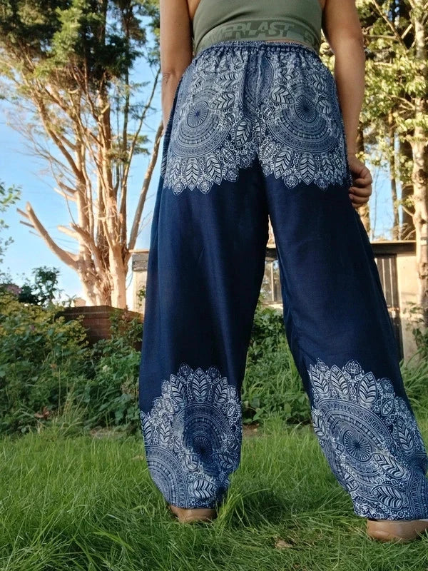 Navy Blue Bohemian Flower Printed Hippie Floral Harem Baggy Pants Yoga Trousers