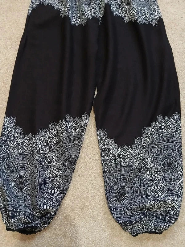 Black Bohemian Flower Printed Hippie Floral Harem Baggy Pants Yoga Trousers