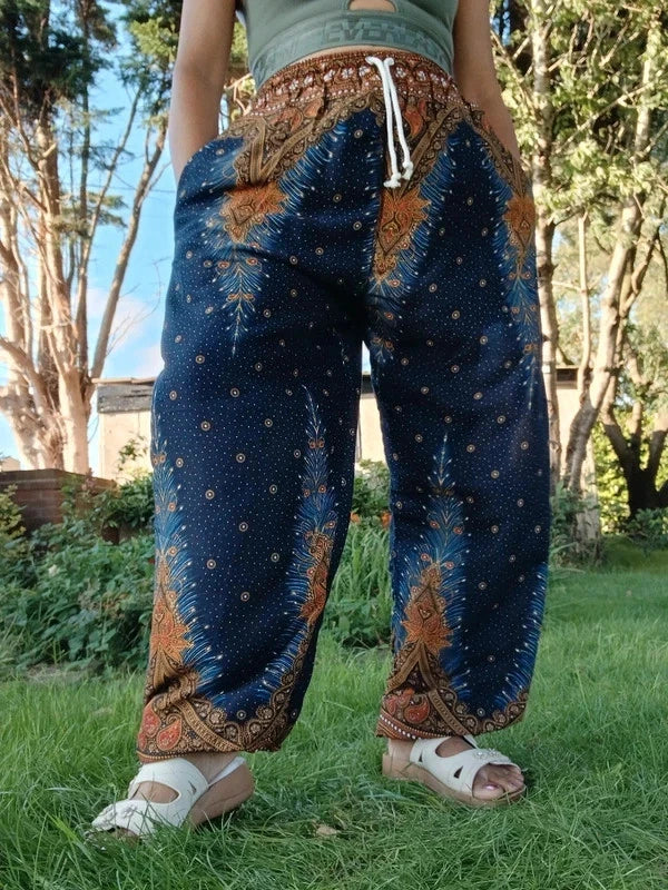 Navy Blue Brown Gold Harem Hippie Pants Wide Leg Peacock Feather Print Trousers