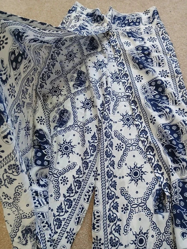 Navy Blue White Thai Elephant Womens Wrap Trousers Hippie Harem Festival Boho Pants