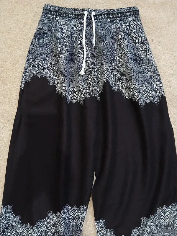 Black Bohemian Flower Printed Hippie Floral Harem Baggy Pants Yoga Trousers