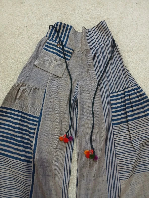 Beige Navy Patch Striped Palazzo Hippie Wide Leg Trousers Boho Harem Baggy Pants